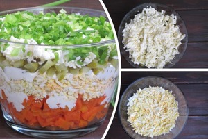 Овощной слоеный салат с плавленым сыром и яйцом: и сам по себе вкусен, и может заменить любой гарнир